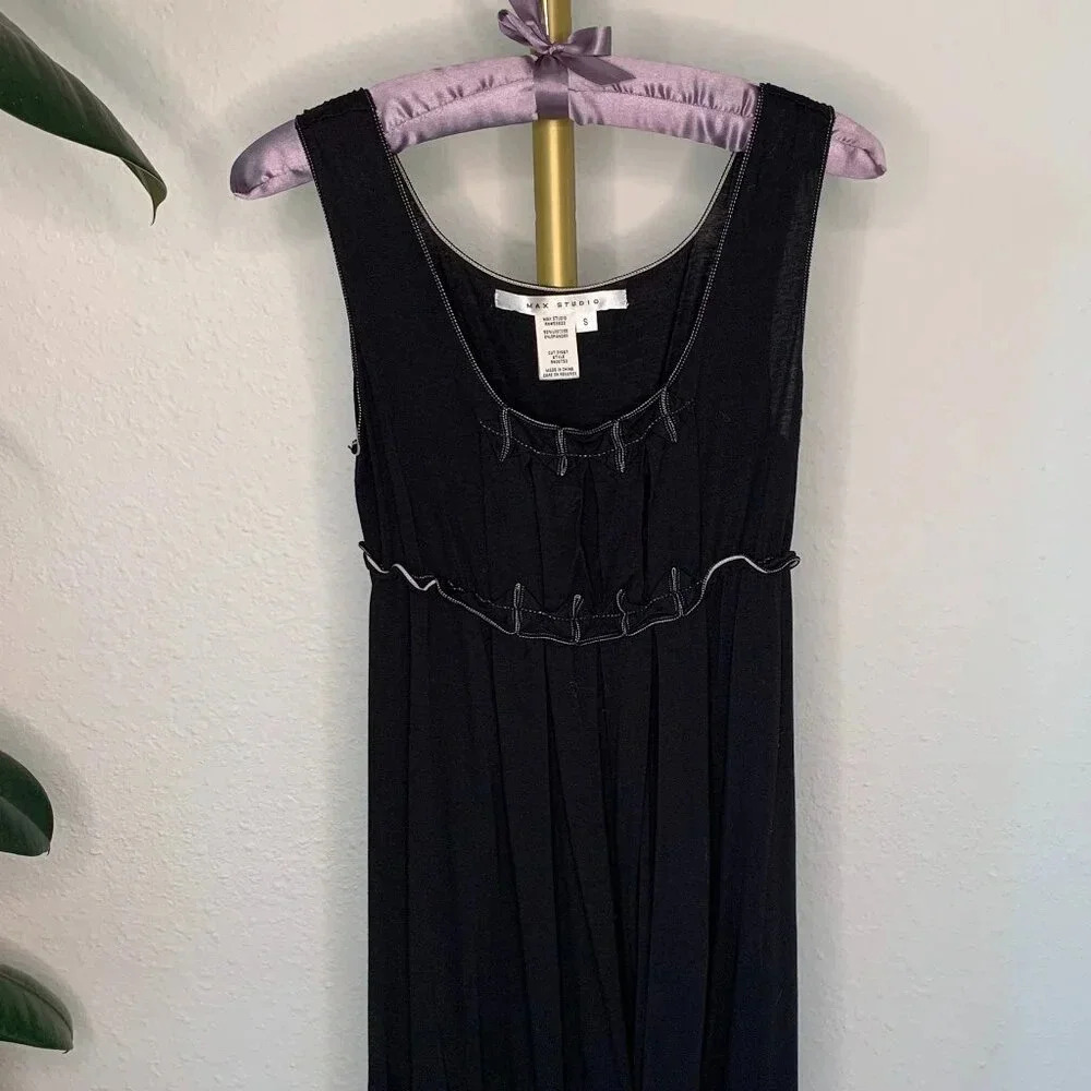 Max Studio Black Sleeveless Pleated Dress w/ White Stitching, Size S
